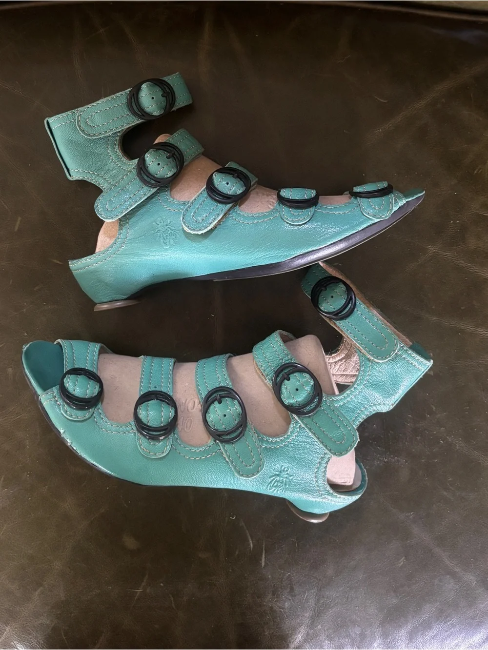 Fly London Teal Leather Open-Toe Buckle Sandals - Picture 2 of 6